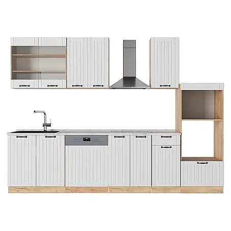 Vicco  Küchenzeile Fame-Line Weiß Landhaus mit Hochschrank, AP Marmor