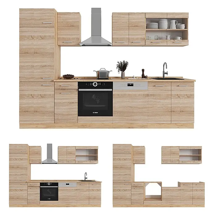 Vicco Küchenzeile R-Line Sonoma/Goldkraft Eiche ohne Arbeitsplatte - Sonoma, Ohne Elektrogeräte - Komplette Einbauküche in heller Eichenoptik mit Backofen, Geschirrspüler, Spüle und Dunstabzugshaube.