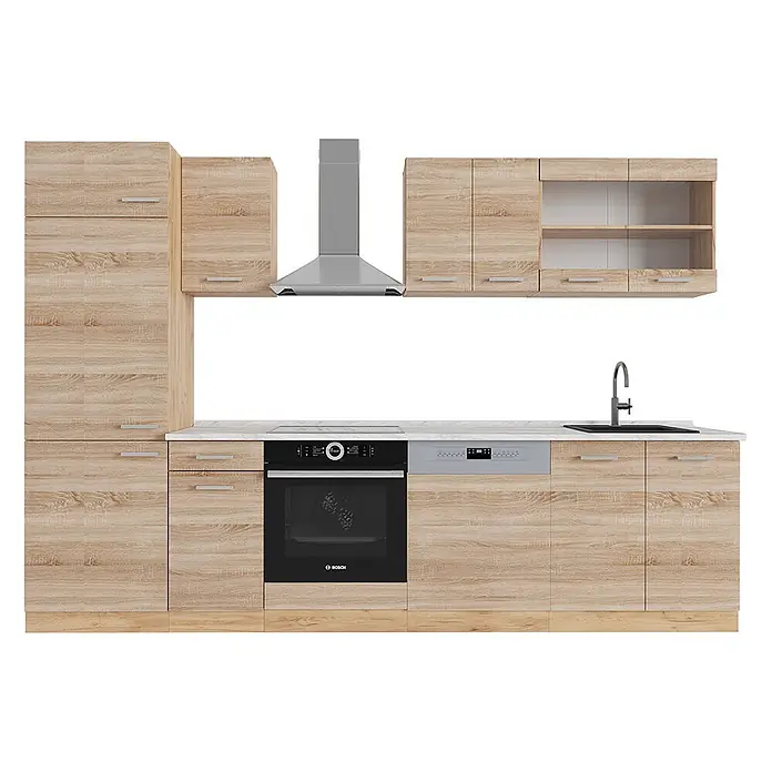 Vicco Küchenzeile R-Line Sonoma/Goldkraft Eiche, AP Marmor - Breite: 300 cm, Sonoma, Ohne Elektrogeräte - Komplette Küchenzeile mit hellen Eicheneffekt-Schränken, weißer Arbeitsplatte, integriertem Backofen, Kochfeld, Geschirrspüler, Dunstabzugshaube und schwarzem Spülbecken.