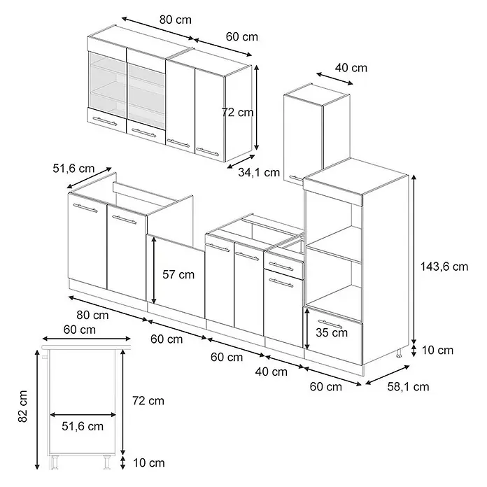 Vicco Küchenzeile Fame-Line Weiß Landhaus mit Hochschrank, AP Marmor - Breite: 300 cm, Weiß Landhaus, Ohne Elektrogeräte - Detailliertes Diagramm eines modularen Küchenschranksystems mit Maßen für Breite, Höhe und Tiefe in Zentimetern.