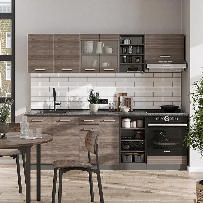 Vicco Küchenzeile R-Line Edelgrau/Anthrazit, AP Eiche - Breite: 240 cm, Edelgrau, Ohne Elektrogeräte - Komplette Küchenzeile mit braunen Holzschränken, dunkler Arbeitsplatte und weißem Fliesenspiegel, inklusive integriertem Backofen, Kochfeld und Spüle.