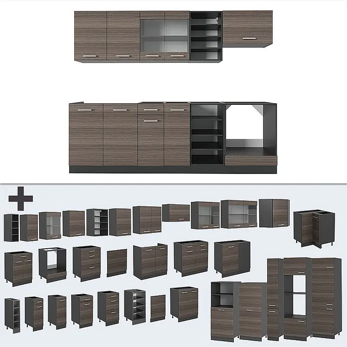 Vicco Küchenzeile R-Line Edelgrau/Anthrazit, AP Eiche - Breite: 240 cm, Edelgrau, Ohne Elektrogeräte - Modulares Küchenschrank-Set in dunkler Holzoptik mit dunkelgrauen Details, inklusive verschiedener Unter-, Ober- und Hochschränke.