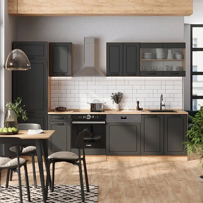 Vicco Küchenzeile R-Line Anthrazit Landhaus/Goldkraft Eiche ohne Arbeitsplatte - Anthrazit Landhaus, Ohne Elektrogeräte - Moderne Küche mit dunkelgrauen Schränken, hellen Holz-Arbeitsplatten und weißem Fliesen-Rückwand.
