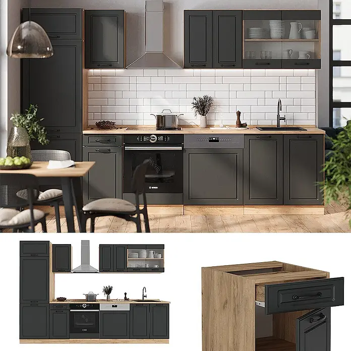 Vicco Küchenzeile R-Line Anthrazit Landhaus/Goldkraft Eiche ohne Arbeitsplatte - Anthrazit Landhaus, Ohne Elektrogeräte - Moderne Küche mit dunkelgrauen Schränken mit Kassettenfronten, Holzarbeitsplatten und integrierten Geräten.
