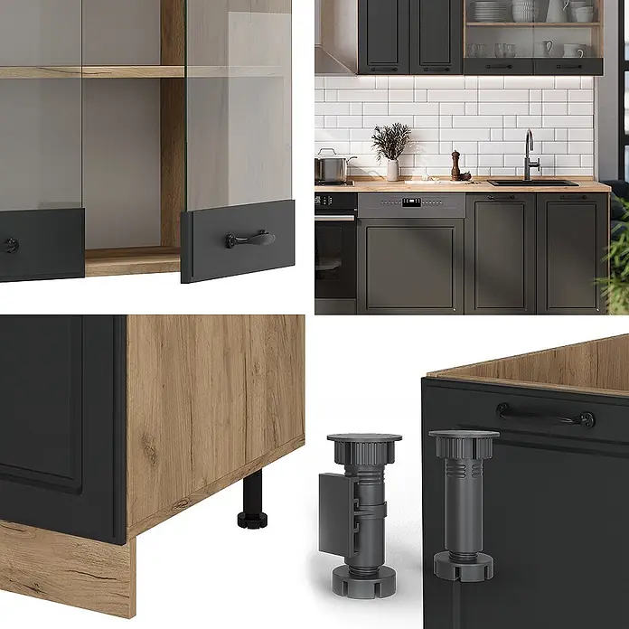 Vicco Küchenzeile R-Line Anthrazit Landhaus/Goldkraft Eiche ohne Arbeitsplatte - Anthrazit Landhaus, Ohne Elektrogeräte - Moderne Küchenschränke in Dunkelgrau mit Holzoptik-Akzenten, Glastüren und verstellbaren Füßen.