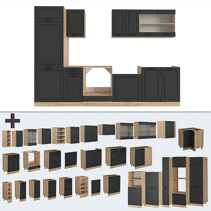 Vicco Küchenzeile R-Line Anthrazit Landhaus/Goldkraft Eiche ohne Arbeitsplatte - Anthrazit Landhaus, Ohne Elektrogeräte - Modulare Küchenschränke in Dunkelgrau und hellem Holz, als Set und Einzelmodule dargestellt.