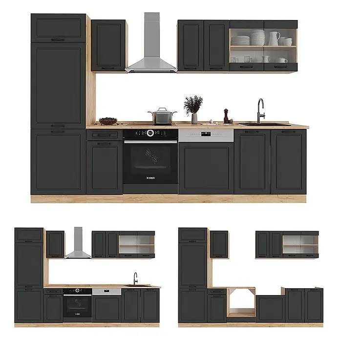 Vicco Küchenzeile R-Line Anthrazit Landhaus/Goldkraft Eiche ohne Arbeitsplatte - Anthrazit Landhaus, Ohne Elektrogeräte - Modulare dunkelgraue Küche mit hellen Holzdetails, integrierten Geräten und flexiblen Konfigurationen.