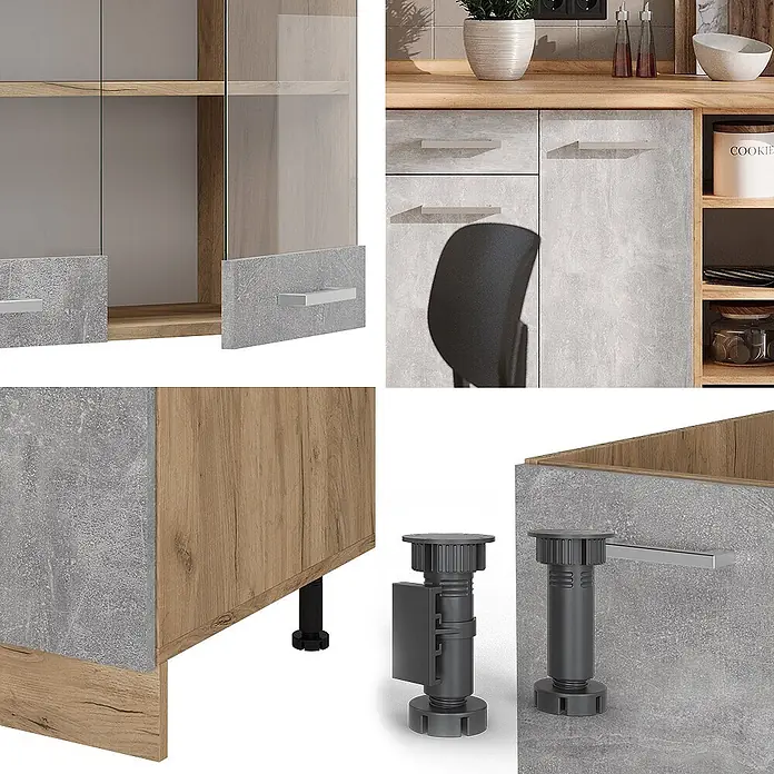Vicco Küchenzeile R-Line Beton/Goldkraft Eiche, AP Eiche - Beton, Ohne Elektrogeräte - Modulare Küchen- und Wohnzimmermöbel in heller Holz- und grauer Betonoptik, mit silbernen Griffen und verstellbaren Füßen.