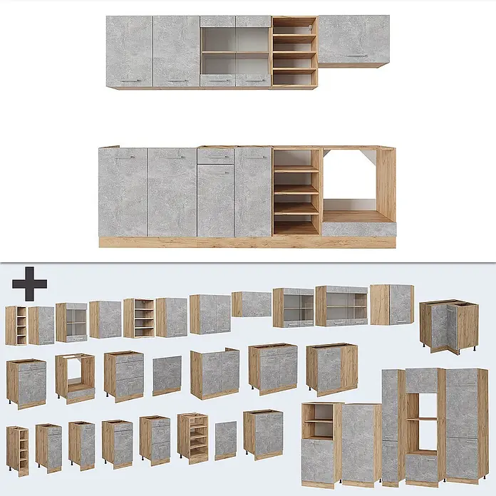 Vicco Küchenzeile R-Line Beton/Goldkraft Eiche, AP Marmor - Beton, Ohne Elektrogeräte - Modulare Küchenschränke in Betonoptik Grau und hellem Holz, mit Ober-, Unter-, Eck- und Hochschränken sowie Regalen.