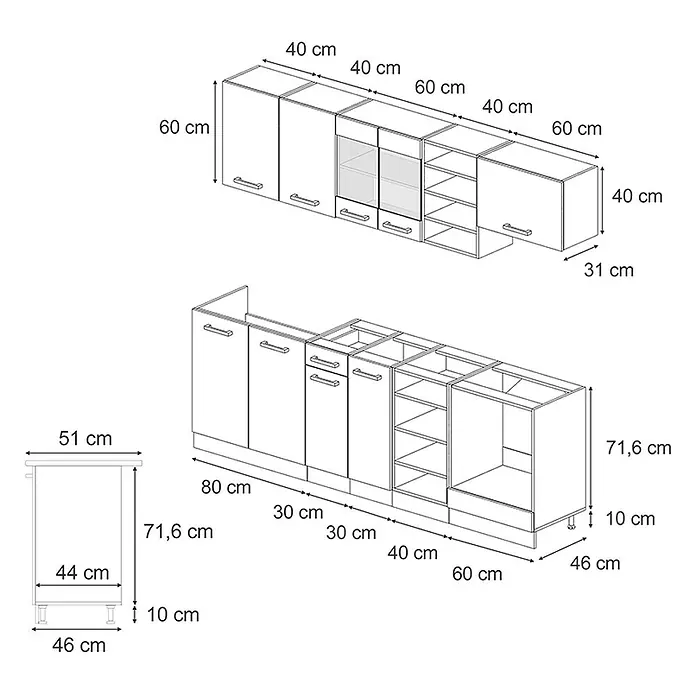 Vicco Küchenzeile R-Line Beton/Goldkraft Eiche, AP Eiche - Beton, Ohne Elektrogeräte - Technische Zeichnung von Küchenober- und -unterschränken mit detaillierten Maßen.