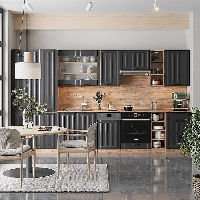 Vicco Küchenzeile Fame-Line Dunkelgrau, AP Eiche - Breite: 355 cm, Dunkelgrau, Ohne Elektrogeräte - Moderne Küche mit dunkelgrauen geriffelten Schränken, heller Holz-Arbeitsplatte und Rückwand, integrierten Geräten und Essbereich.