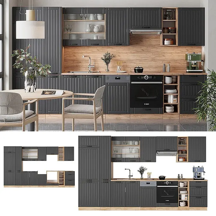 Vicco Küchenzeile Fame-Line Dunkelgrau, AP Eiche - Breite: 355 cm, Dunkelgrau, Ohne Elektrogeräte - Moderne dunkelgraue gerillte Küchenschränke mit Holzakzenten und integrierten Geräten in einer kompletten Küche.