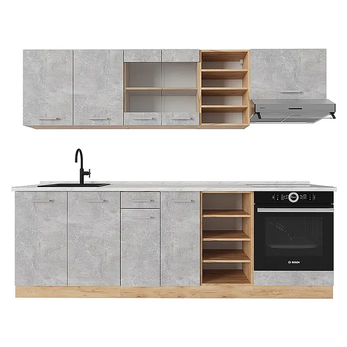 Vicco Küchenzeile R-Line Beton/Goldkraft Eiche, AP Marmor - Breite: 240 cm, Beton, Ohne Elektrogeräte - Moderne graue Betonoptik-Küche mit hellen Holzdetails, Spüle, Backofen und Dunstabzugshaube.