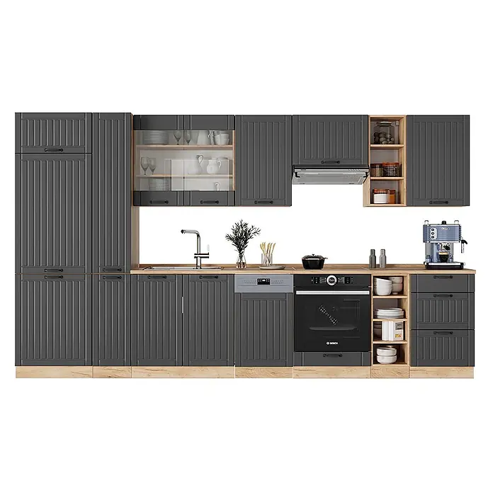 Vicco Küchenzeile Fame-Line Dunkelgrau, AP Eiche - Breite: 355 cm, Dunkelgrau, Ohne Elektrogeräte - Moderne dunkelgraue Küchenschränke mit geriffelten Fronten, Holz-Arbeitsplatten und integrierten Geräten wie Backofen und Spülmaschine.