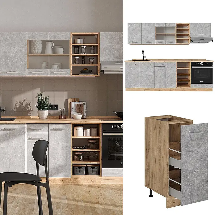 Vicco Küchenzeile R-Line Beton/Goldkraft Eiche, AP Marmor - Beton, Ohne Elektrogeräte - "Moderne Küchenzeile mit grauen Schränken in Betonoptik, hellen Holzarbeitsplatten und offenen Regalen, als Komplettset und Einzelkomponenten dargestellt."