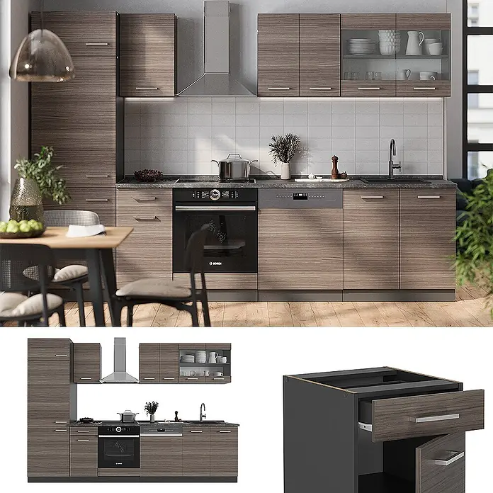 Vicco Küchenzeile R-Line Edelgrau/Anthrazit, AP Marmor - Breite: 300 cm, Edelgrau, Ohne Elektrogeräte - Moderne Küchenzeile mit dunklen Holzmaserungsschränken, integrierten Geräten und zeitgenössischem Design in einem Zuhause.