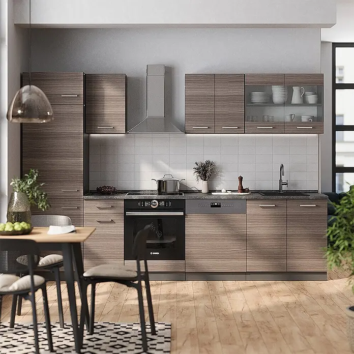 Vicco Küchenzeile R-Line Edelgrau/Anthrazit, AP Marmor - Breite: 300 cm, Edelgrau, Ohne Elektrogeräte - Moderne Küche mit Holzmaserungsschränken, dunklen Arbeitsplatten, integriertem Backofen, Geschirrspüler und Essbereich.