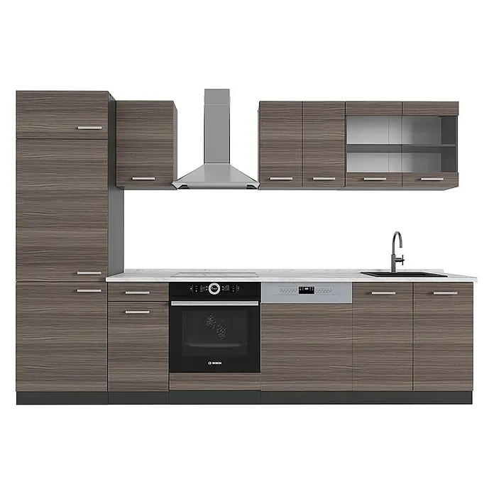 Vicco Küchenzeile R-Line Edelgrau/Anthrazit, AP Marmor - Breite: 300 cm, Edelgrau, Ohne Elektrogeräte - Moderne Modulküche mit Holzoptik-Schränken, weißer Arbeitsplatte, integriertem Backofen, Geschirrspüler, Spüle und Dunstabzugshaube.