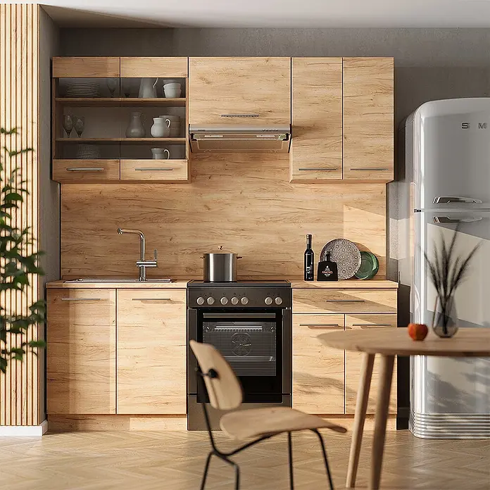 Vicco Küchenzeile Fame-Line Goldkraft Eiche, AP Anthrazit - Goldkraft Eiche, Ohne Elektrogeräte - Moderne Küchenzeile in heller Holzoptik mit Ober- und Unterschränken sowie integrierten Geräten.