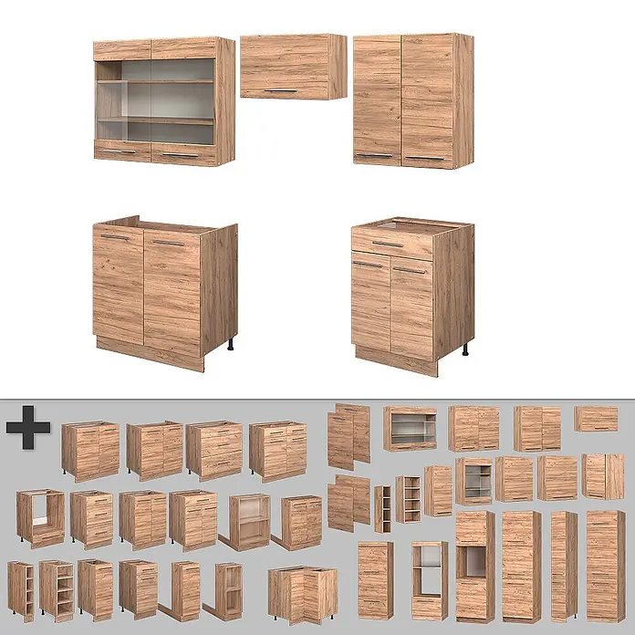 Vicco Küchenzeile Fame-Line Goldkraft Eiche, AP Anthrazit - Goldkraft Eiche, Ohne Elektrogeräte - Modulares Küchenschrank-Set in heller Holzoptik, bestehend aus Ober-, Unter-, Schubladen- und Vitrinenschränken.