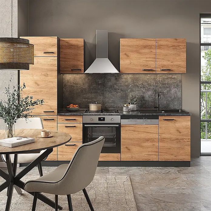 Vicco Küchenzeile Optima Goldkraft Eiche/Anthrazit ohne Arbeitsplatte, mit Hochschrank - Goldkraft Eiche, Ohne Elektrogeräte - Moderne Küche mit hellen Holzschränken, dunklen Arbeitsplatten, integrierten Geräten und Essbereich.