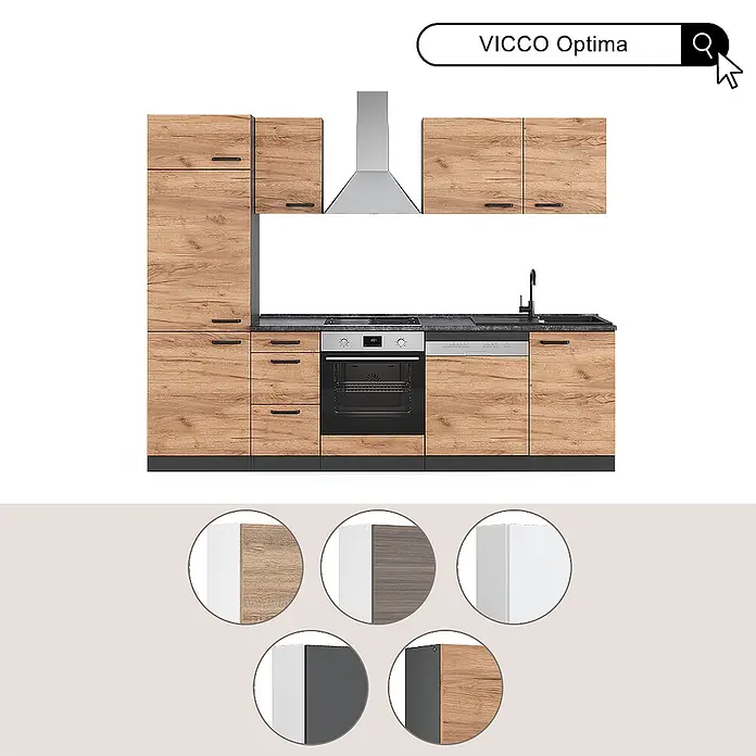 Vicco Küchenzeile Optima Goldkraft Eiche/Anthrazit ohne Arbeitsplatte, mit Hochschrank - Goldkraft Eiche, Ohne Elektrogeräte - VICCO Optima Küche: Schränke in Holzoptik, schwarze Arbeitsplatte, integrierter Backofen, Herd, Spüle. Zeigt verschiedene Oberflächenoptionen.