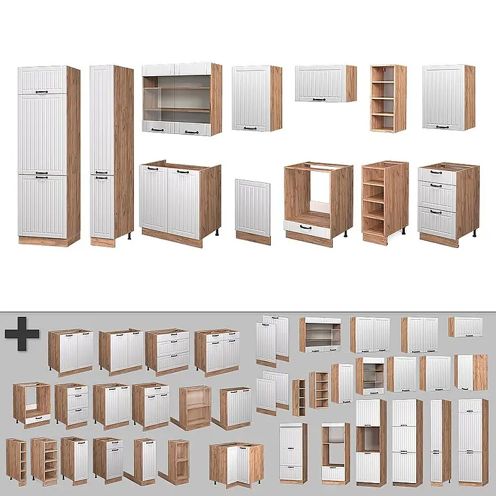 Vicco Küchenzeile Fame-Line Weiß Landhaus ohne Arbeitsplatte - Weiß Landhaus, Ohne Elektrogeräte - Modulare Küchenschrankelemente mit weißen Paneeltüren und hellen Holzmaserungsrahmen.