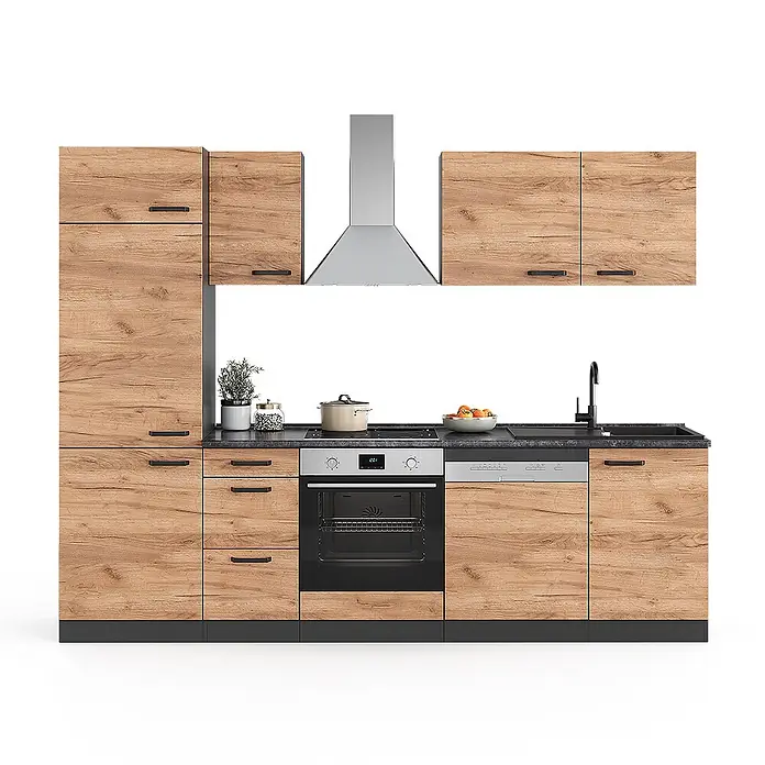 Vicco Küchenzeile Optima Goldkraft Eiche/Anthrazit ohne Arbeitsplatte, mit Hochschrank - Goldkraft Eiche, Ohne Elektrogeräte - Küchenzeile in Holzoptik mit schwarzen Arbeitsplatten, integriertem Backofen, Kochfeld, Dunstabzugshaube, Spüle und Geschirrspüler.