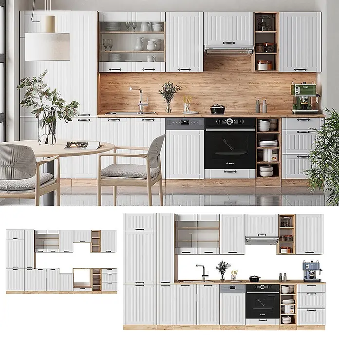 Vicco Küchenzeile Fame-Line Weiß Landhaus ohne Arbeitsplatte - Weiß Landhaus, Ohne Elektrogeräte - Weiße Modulküche mit Holzdetails und integrierten Geräten in modernem Ambiente.