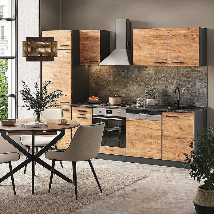Vicco Küchenzeile Optima Goldkraft Eiche/Anthrazit ohne Arbeitsplatte, mit Hochschrank - Goldkraft Eiche, Ohne Elektrogeräte - Moderne Küche mit Holzoptikschränken, dunklen Arbeitsplatten, integrierten Geräten und einem Essbereich.