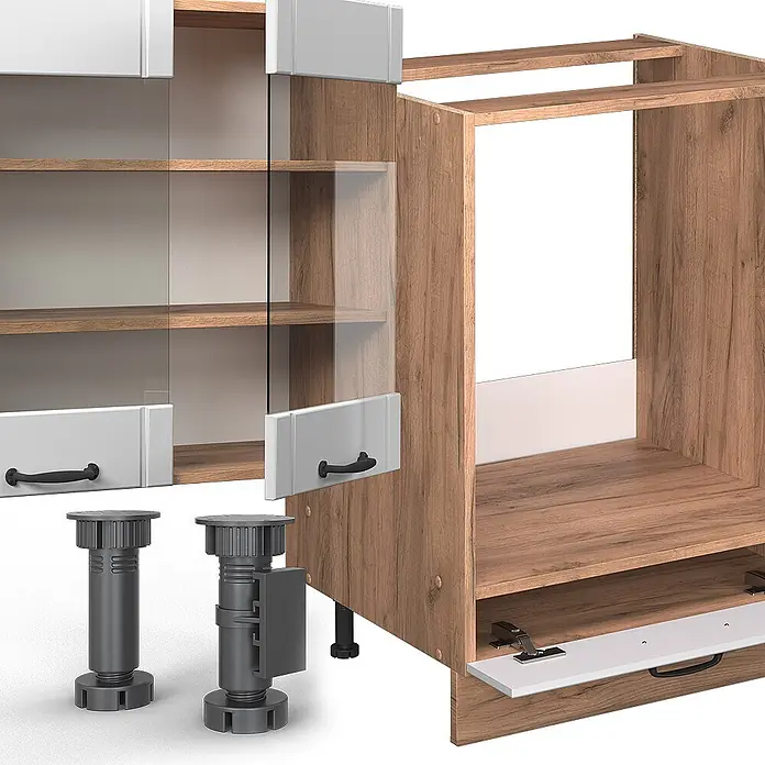 Vicco Küchenzeile Fame-Line Weiß Landhaus ohne Arbeitsplatte - Weiß Landhaus, Ohne Elektrogeräte - Zerlegte Küchenschränke: holzfarbene Unter- und Oberschränke mit weißen Fronten, Glastüren und verstellbaren grauen Kunststofffüßen.