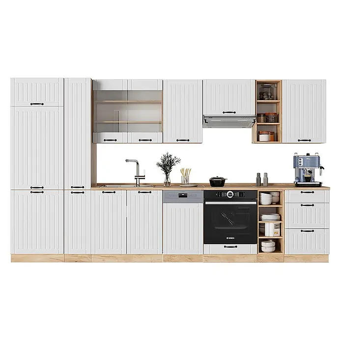 Vicco Küchenzeile Fame-Line Weiß Landhaus ohne Arbeitsplatte - Weiß Landhaus, Ohne Elektrogeräte - Weiße Küchenschränke mit Lamellentüren, schwarzen Griffen und Holzoptik-Arbeitsplatten. Inklusive integrierter Geräte und Stauraum.