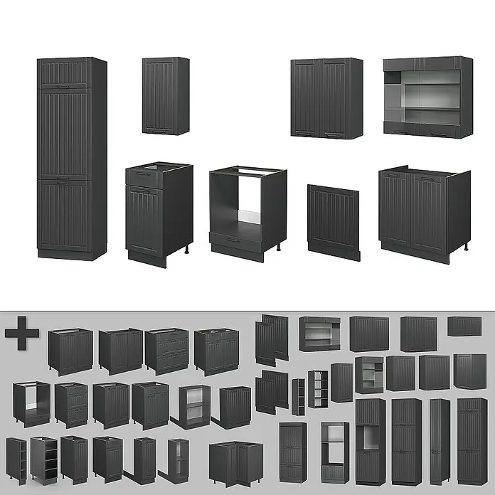 Vicco Küchenzeile Fame-Line Dunkelgrau, AP Anthrazit - Breite: 300 cm, Dunkelgrau, Ohne Elektrogeräte - Sortiment von dunkelgrauen modularen Küchenschränken und Türen in verschiedenen Größen und Konfigurationen.