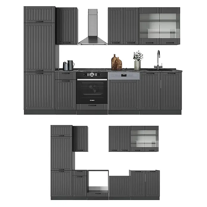 Vicco Küchenzeile Fame-Line Dunkelgrau, AP Anthrazit - Breite: 300 cm, Dunkelgrau, Ohne Elektrogeräte - Moderne dunkelgraue Küchenschränke mit integriertem Ofen, Geschirrspüler, Spüle und Dunstabzugshaube, mit gerilltem Paneeldesign.