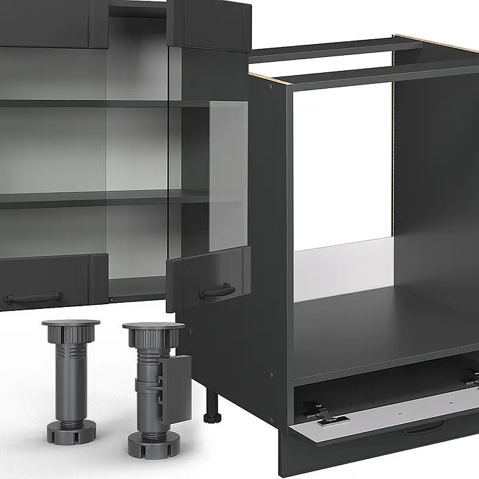 Vicco Küchenzeile Fame-Line Dunkelgrau, AP Anthrazit - Breite: 300 cm, Dunkelgrau, Ohne Elektrogeräte - Dunkelgraue Küchenschränke (Unter- und Oberschränke mit Glastüren) und verstellbare Füße, zur Veranschaulichung der Montage.