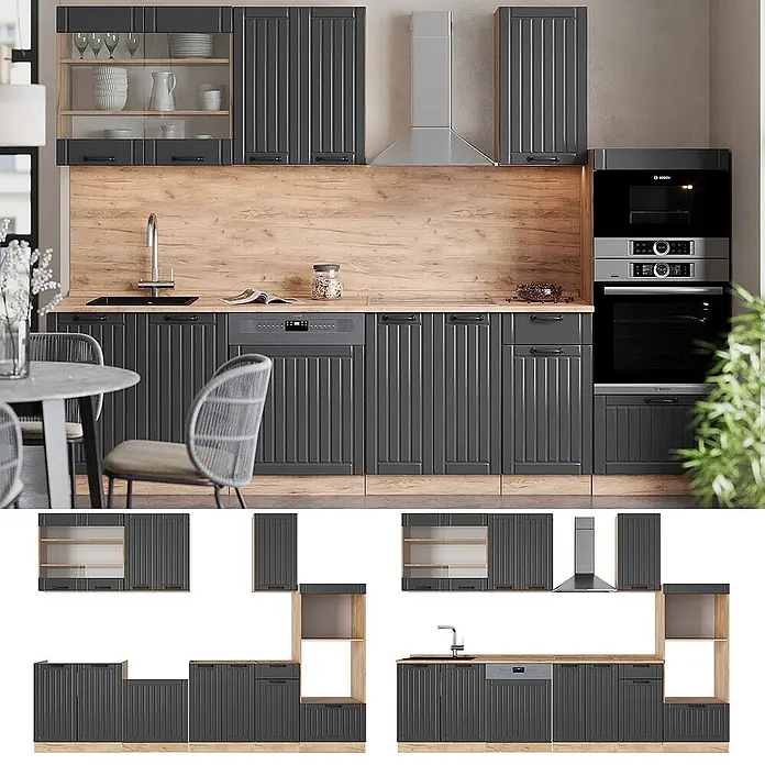 Vicco Küchenzeile Fame-Line Dunkelgrau mit Hochschrank, AP Eiche - Breite: 300 cm, Dunkelgrau, Ohne Elektrogeräte - Moderne dunkelgraue Küche mit gerillten Schränken, Holzdetails, integrierten Geräten und Essbereich.