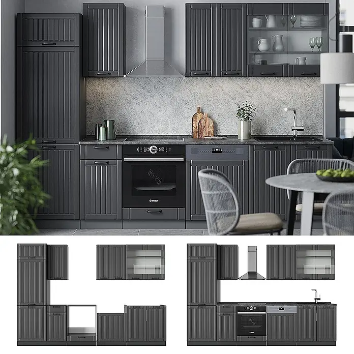 Vicco Küchenzeile Fame-Line Dunkelgrau, AP Anthrazit - Breite: 300 cm, Dunkelgrau, Ohne Elektrogeräte - Dunkelgraue geriffelte Küchenschränke mit integrierten Geräten und modernem Design.
