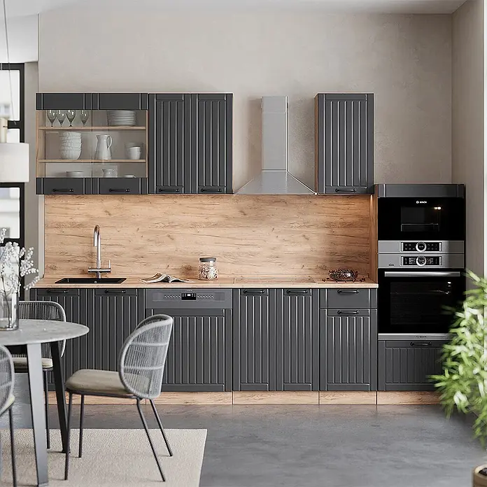 Vicco Küchenzeile Fame-Line Dunkelgrau mit Hochschrank, AP Eiche - Breite: 300 cm, Dunkelgrau, Ohne Elektrogeräte - Dunkelgraue Küche mit gerippten Schränken, Arbeitsplatten und Spritzschutz aus Holz sowie integrierten Geräten.
