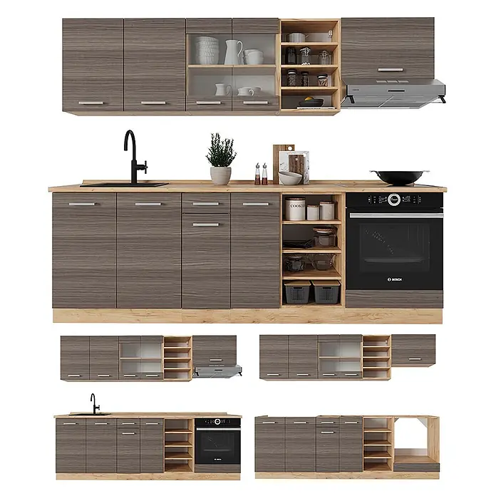 Vicco Küchenzeile R-Line Edelgrau/Goldkraft Eiche, AP Eiche - Breite: 240 cm, Edelgrau, Ohne Elektrogeräte - Modulare Küchenzeile in dunkler Holzoptik mit heller Arbeitsplatte und offenen Regalen, mit Spüle und Backofen.