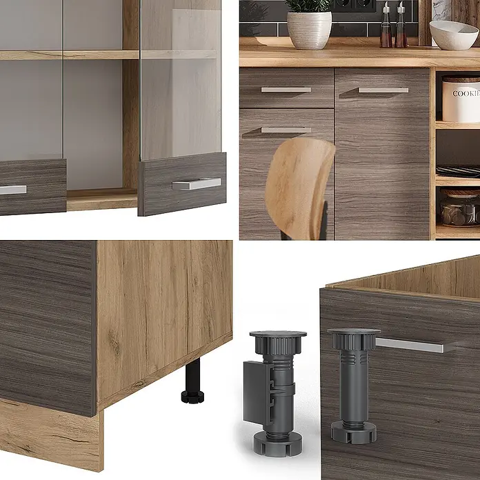Vicco Küchenzeile R-Line Edelgrau/Goldkraft Eiche, AP Eiche - Breite: 240 cm, Edelgrau, Ohne Elektrogeräte - Modulares Küchenschranksystem mit zweifarbigem Holzdekor, silbernen Griffen und verstellbaren Standfüßen.