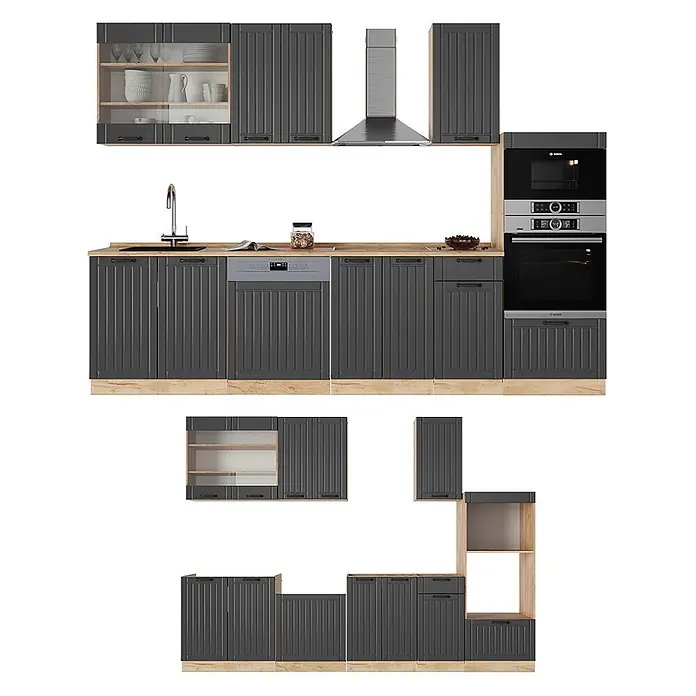 Vicco Küchenzeile Fame-Line Dunkelgrau mit Hochschrank, AP Eiche - Breite: 300 cm, Dunkelgrau, Ohne Elektrogeräte - Dunkelgraue gerippte Küchenschränke mit hellen Holzelementen, Spüle, Geschirrspüler, Backofen und Mikrowelle integriert.
