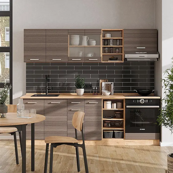 Vicco Küchenzeile R-Line Edelgrau/Goldkraft Eiche ohne Arbeitsplatte - Breite: 240 cm, Edelgrau, Ohne Elektrogeräte - Moderne Küche mit Holzoptikschränken, heller Arbeitsplatte und dunkelgrauem Fliesenspiegel, integrierte Geräte.