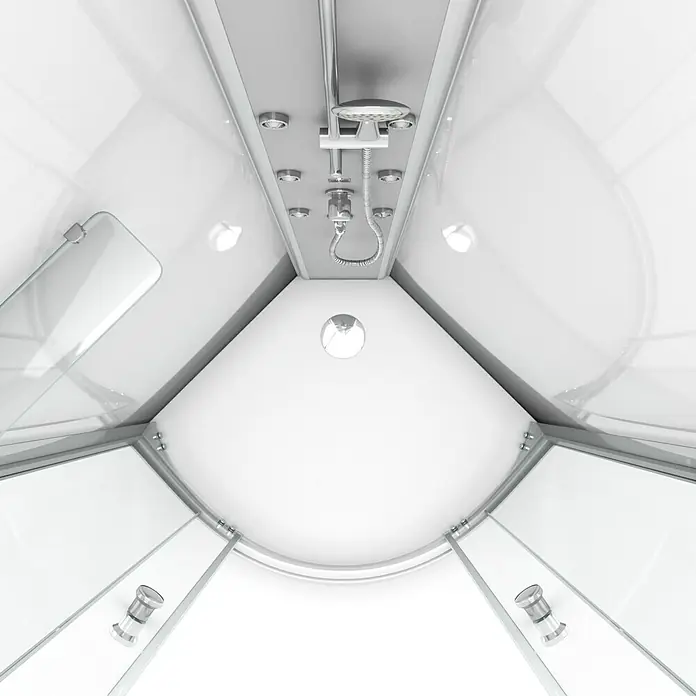 Komplettdusche White Ocean - 90 x 90 x 210 cm, Weiß - Innenansicht einer Duschkabine mit Glaswänden, Armaturen und Regendusche. Elegantes und modernes Design für Ihr Badezimmer.