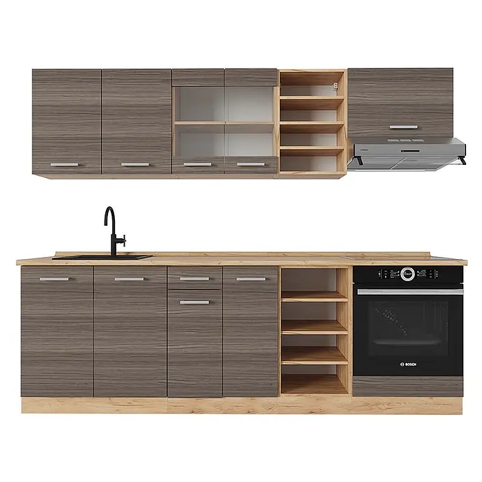 Vicco Küchenzeile R-Line Edelgrau/Goldkraft Eiche, AP Eiche - Breite: 240 cm, Edelgrau, Ohne Elektrogeräte - Moderne Modulküche in graubrauner Holzoptik mit hellen Holzakzenten, schwarzer Spüle, Ofen und Dunstabzugshaube.