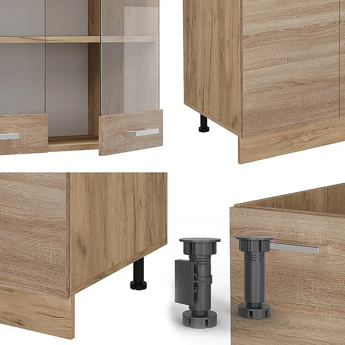 Vicco Küchenzeile R-Line Sonoma/Goldkraft Eiche mit Hochschrank, ohne Arbeitsplatte - Sonoma, Ohne Elektrogeräte - Verstellbare graue Möbelfüße für hellen Holzschrank mit silbernen Griffen, Sockel sichtbar.