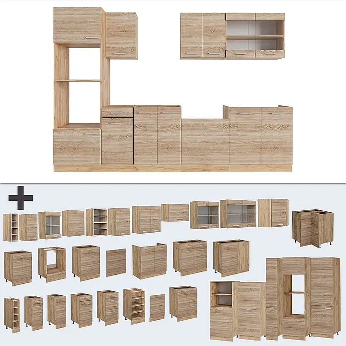 Vicco Küchenzeile R-Line Sonoma/Goldkraft Eiche mit Hochschrank, ohne Arbeitsplatte - Sonoma, Ohne Elektrogeräte - Modulare Küchenschränke in heller Holzoptik. Enthält verschiedene Einheiten für anpassbaren Stauraum.