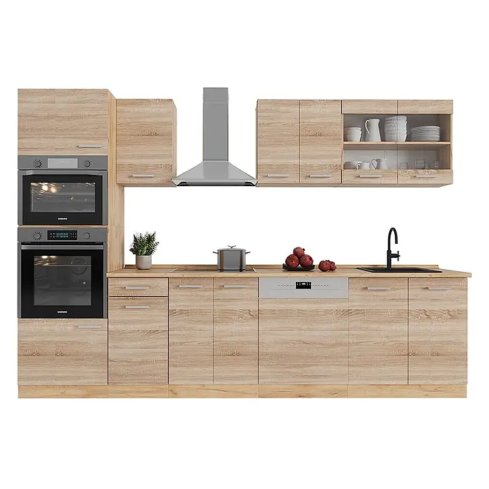 Vicco Küchenzeile R-Line Sonoma/Goldkraft Eiche mit Hochschrank, ohne Arbeitsplatte - Sonoma, Ohne Elektrogeräte - Moderne Küche aus hellem Holz mit integrierten schwarzen Öfen, Geschirrspüler, Spüle, Kochfeld und Dunstabzugshaube aus Edelstahl.