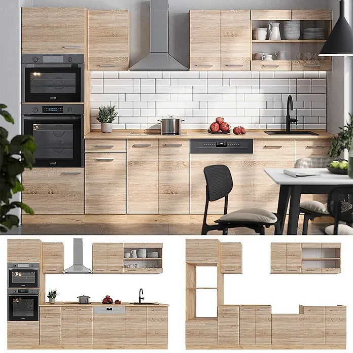 Vicco Küchenzeile R-Line Sonoma/Goldkraft Eiche mit Hochschrank, ohne Arbeitsplatte - Sonoma, Ohne Elektrogeräte - Modulares Küchenset mit hellen Holzmaserungsschränken, dunklen Arbeitsplatten und integrierten Geräten.