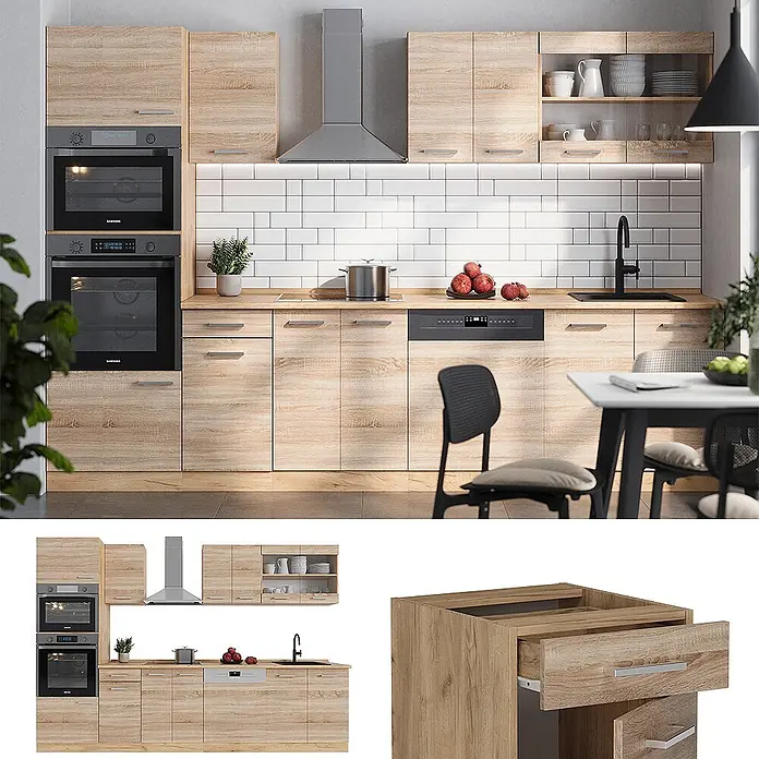 Vicco Küchenzeile R-Line Sonoma/Goldkraft Eiche mit Hochschrank, ohne Arbeitsplatte - Sonoma, Ohne Elektrogeräte - Moderne Küchenmöbel in heller Eichenoptik mit integrierten Geräten und viel Stauraum.