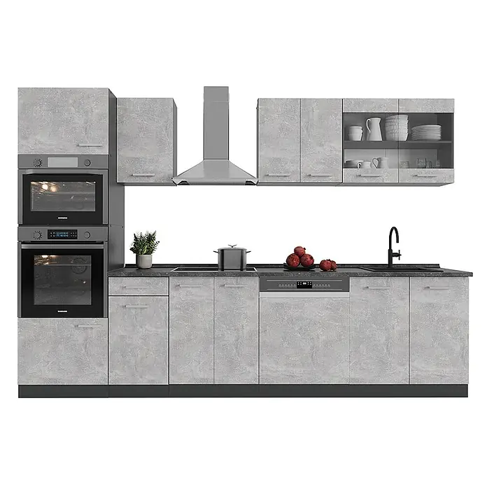Vicco Küchenzeile R-Line Beton/Anthrazit mit Hochschrank, AP Marmor - Breite: 300 cm, Beton, Ohne Elektrogeräte - Moderne hellgraue Küche in Betonoptik mit integrierten Öfen, Kochfeld, Spüle, Geschirrspüler und Dunstabzugshaube.